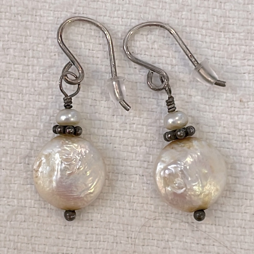 Sterling silver genuine button and seed pearls dangle drop earrings